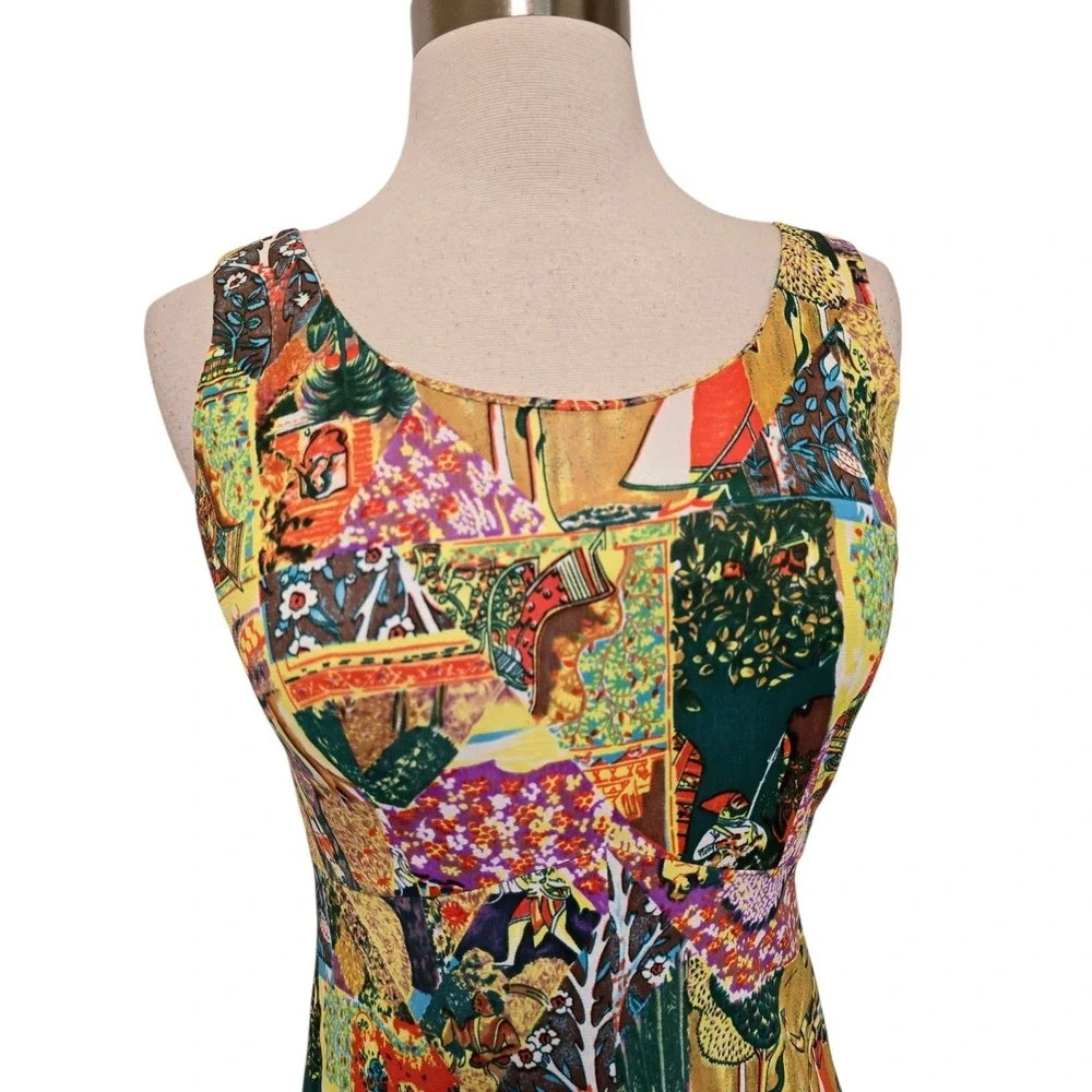 70s Vintage Long Dress Indian Gods Patchwork Print And Matching Shirt Hippie‎